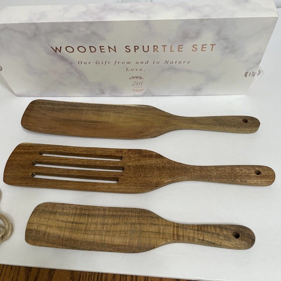 Wooden Spurtle Kitchen Tools 3 Pc Set Acacia Spatula Cooking Utensils Nonstick - Picture 2 of 10